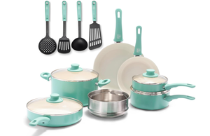 lot 304 image: GreenLife Soft Grip Healthy Ceramic Nonstick, 15 Piece Cookware Pots and Pans Set, Induction, PFAS-Free, Dishwasher Safe, Turquoise