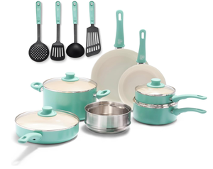 lot 96 image: 15PCS GreenLife Soft Grip Healthy Ceramic Nonstick, Cookware Pots and Pans Set