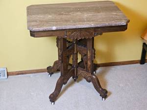 lot 10 image: Spoon Carved East Lake Parlor Table with Stone Top