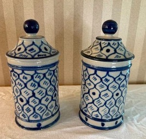 lot 139 image: Brilliant Vintage Handpainted Earthenware Canister Pair