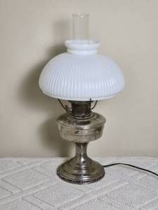 lot 97 image: Vintage Silver Body Oil Lamp with Milk Glass Shade - B