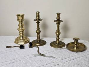 lot 93 image: Amazing Vintage Brass Candlestick Set with Snuffer - (4)