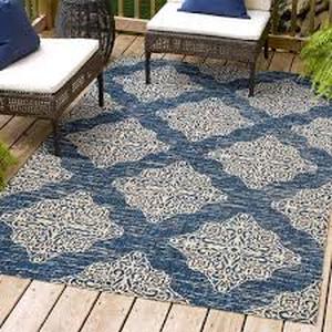 lot 81 image: Tuscany Ornate Medallions NavyBeige 8 ft. x 10 ft. IndoorOutdoor Area Rug