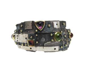 Outstanding Signed Multi-Gem Sculptural Modernist&nbsp;Sterling &amp; 18K Gold Cuff Bracelet by Frederick Marshall&nbsp;