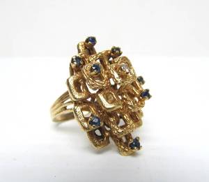 Vintage Solid 14K Gold Brutalist Ring w/Diamonds &amp; Blue Sapphires