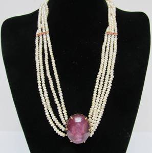 lot 8 image: 14K Gold Ruby & Multi-Strand Pearl Necklace wHUGE Star Ruby 