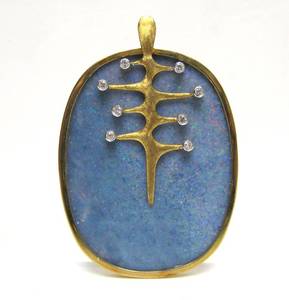 lot 14 image: Gorgeous Sculptural 18K Gold Oval Pendant wOpal & Diamonds