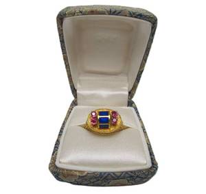 lot 18 image: 14K Gold Ring - Set wRubies & Lapis - Ornate Filigree Goldwork - Size 6.5