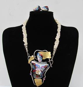 lot 19 image: Fabulous LARGE Enameled Sterling & 22K Gold DUNETZ Modernist Pendant Necklace wMulti - Strand Pearls & Earrings