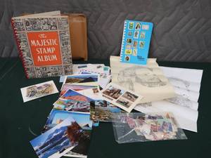 lot 160 image: LARGE VINTAGE STAMP COLLECTION  POSTCARDS AND ART