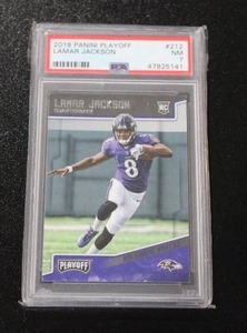 lot 14 image: 2018 Playoff Lamar Jackson #212 Rookie Card PSA 7