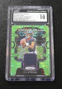 lot 16 image: 2023 Prizm Rookie Gear Neon Green Pulsar CJ Stroud Jersey Rookie Card CGC 10
