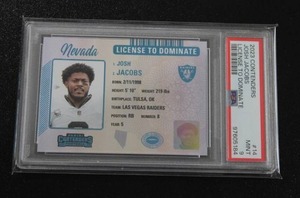 lot 38 image: 2023 Contenders License to Dominate Josh Jacobs #14 PSA 9