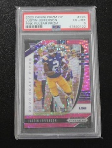 lot 39 image: 2020 Prizm Draft Pink Pulsar Justin Jefferson #126 Rookie Card PSA 6