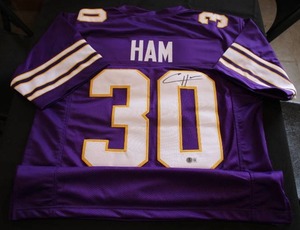 lot 80 image: Minnesota Vikings CJ Ham Custom Autograph Jersey Beckett COA #1W651187