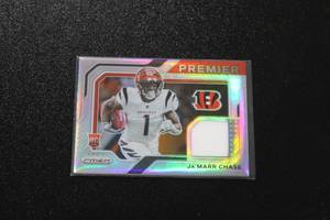 lot 191 image: 2021 Prizm Silver Premier Jersey Relic JaMarr Chase #7 Rookie Card
