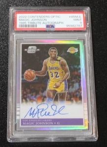 lot 328 image: 2022-23 Contenders Optic 1985 Tribute Magic Johnson Autograph #85MJL PSA 9