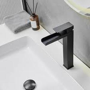 lot 18 image: BWE Waterfall Single Hole Single Handle Bathroom Vessel Sink Faucet in Matte Black Customer Returns See Pictures