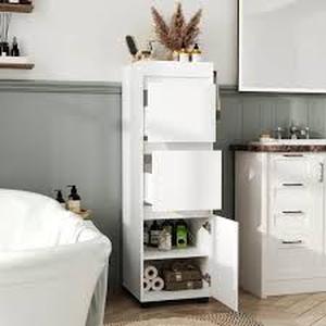 lot 23 image: FUFU&GAGA 15.7 in. W x 15.7 in. D x 50.8 in. H White Wood Freestanding Bathroom Linen Cabinet with Drawer and Cabinet Customer Returns See Pictures