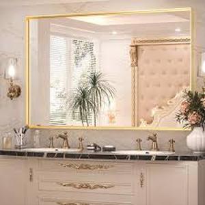 KeonJinn 48 in. W x 30 in. H Rectangular Aluminum Square Corner Framed Wall Mount Bathroom Vanity Mirror in Brushed Brass    Customer Returns See Pictures