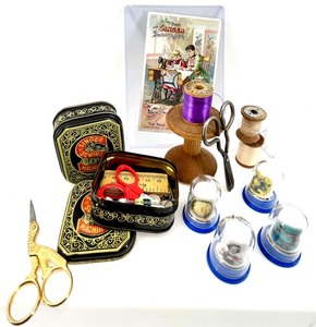 lot 26 image: Vintage Singer Sewing Collectibles Set with Tins, Thimbles, and Scissors