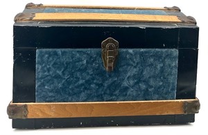 lot 28 image: Vintage Wooden Trunk with Blue Velvet Accents