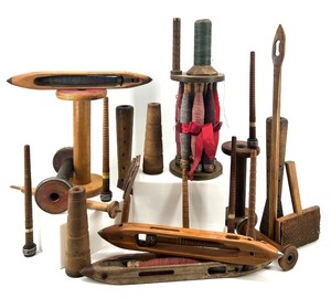 lot 35 image: Collection of Vintage Textile Mill Bobbins and Shuttles