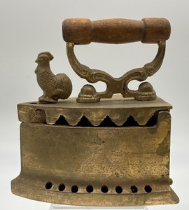 lot 44 image: Vintage Brass Coal Iron with Rooster Decor and Wooden Handle