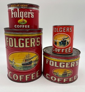 lot 53 image: Collection of 3 Vintage Folgers Coffee Tins, 1 Folgers Puzzle