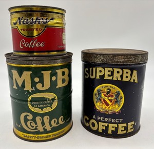 lot 54 image: Set of 3 Vintage Coffee Tins - MJB, Superba, and Nashs