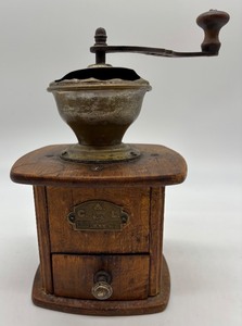 lot 56 image: Vintage C.A.L. Hand Crank Coffee Grinder with Brass and Wood Design