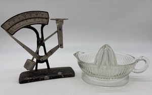 lot 58 image: Vintage Mascot Egg Grading Scale and Glass Citrus Juicer