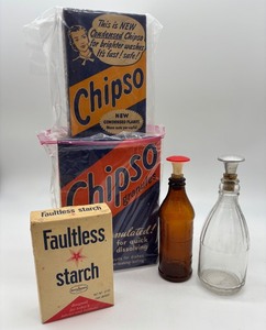 lot 64 image: Vintage Chipso and Faultless Starch Packaging with Glass Bottles