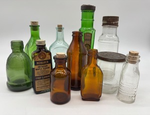 lot 83 image: Collection of 11 Vintage Glass Bottles Including Green Cathedral Bottle