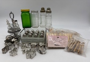 lot 104 image: Vintage Kitchen Collection Spice Racks, Cookie Cutters, Jars, and Clothespins