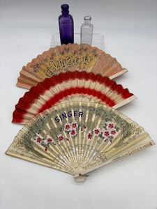 lot 108 image: Collection of SINGER Themed Hand Fans and Medicine Bottles