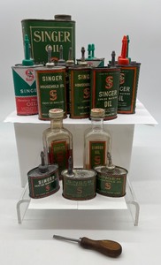 lot 112 image: Collection of 18 Vintage Singer Oil Cans with Assorted Nozzles, 1 Small Screwdriver