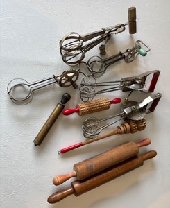lot 116 image: Vintage Kitchen Tool Collection with Egg Beaters and Rolling Pins