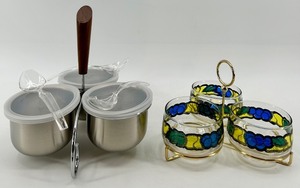 lot 127 image: Stainless Steel Condiment Set with Colored Glass Holders