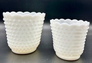 lot 131 image: Set of 2 Fire King Milk Glass Hobnail Planters
