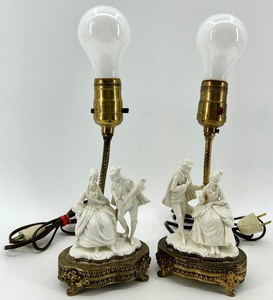 lot 132 image: Pair of Vintage Porcelain Figurine Table Lamps with Brass Base