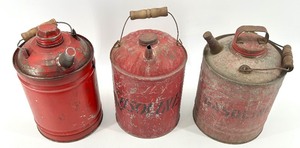 lot 136 image: Collection of 3 Vintage Metal Fuel Cans with Spouts