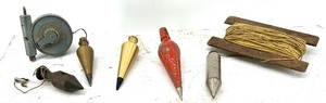 lot 138 image: Collection of Vintage Plumb Bobs and Line Reel