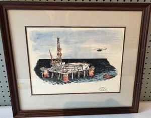 lot 169 image: 1976 Al Richardson Oil Rig Artwork in Wooden Frame