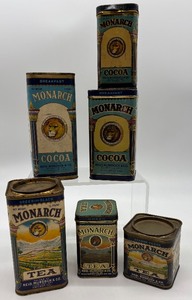 lot 197 image: Collection of 6 Vintage Monarch Tea and Cocoa Tins