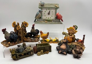 lot 201 image: Collection of 9 Nature-Themed Figurines and Table Clock by Mayalen Bastin