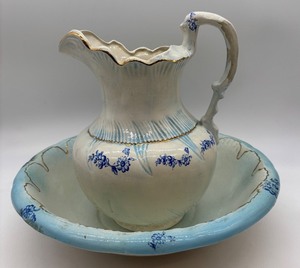 lot 226 image: Antique Ceramic Wash Basin and Pitcher Set with Blue Floral Design
