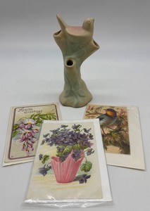 lot 231 image: Rosemeade Art Pottery Bird Flower Frog with 3 Vintage Greeting Cards