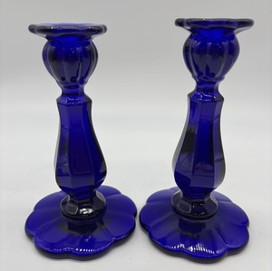 lot 237 image: Pair of Vintage Mosser Cobalt Blue Glass Candlestick Holders