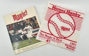 lot 275 image: 1987 Minnesota Twins Enchanted Season Booklet and 1991 Homer Hanky